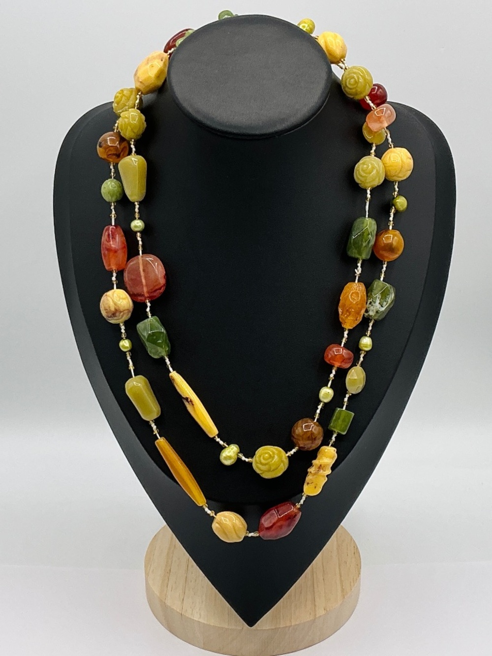 Vintage Necklace Cookie Lee Jewelry Marbled Resin Beads Green Tribal 40” Long